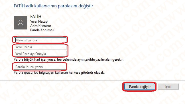 Windows 10 Şifre Değiştirme