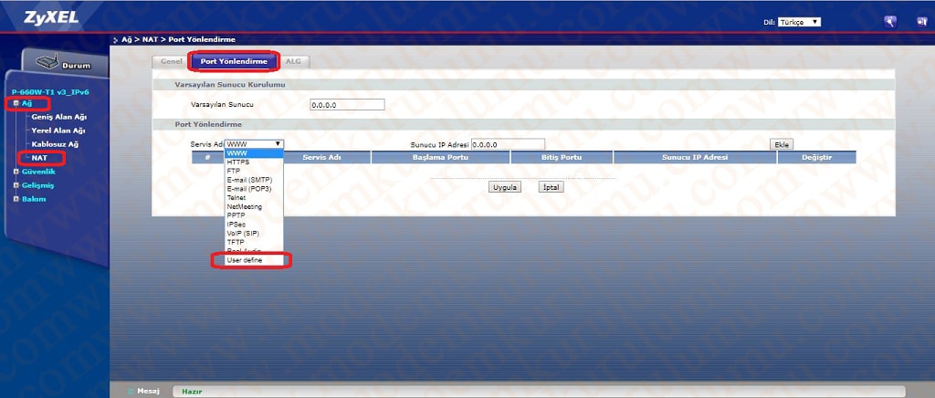 Zyxel P-660W-T1 Modem Port Açma