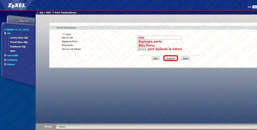 Zyxel P-660W-T1 Modem Port Açma