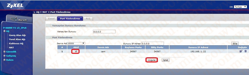 Zyxel P-660W-T1 Modem Port Açma